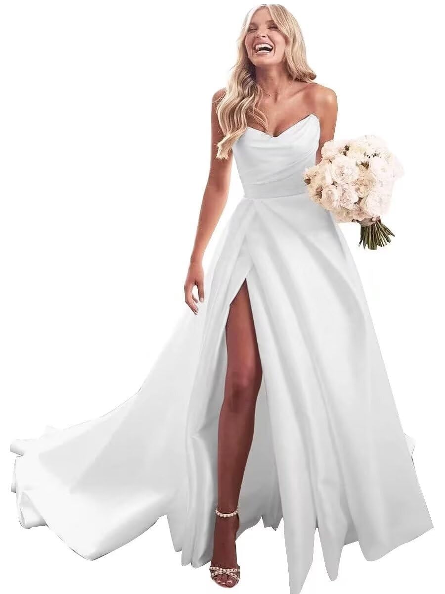 YIANN Wedding Dress for Bride Elegant Strapless A Line Bridal Dresses with Slit White Engagement Evening Party Gown UK12