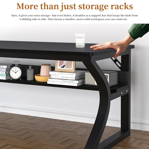 Image of 47 inch Computer Desk, Home Office Desk with Storage Shelf, Sturdy U-Shaped Metal Frame Study Table with Cable Management, Gaming Desk for Office & Bedroom (Carbon Fiber Black, 47inch)