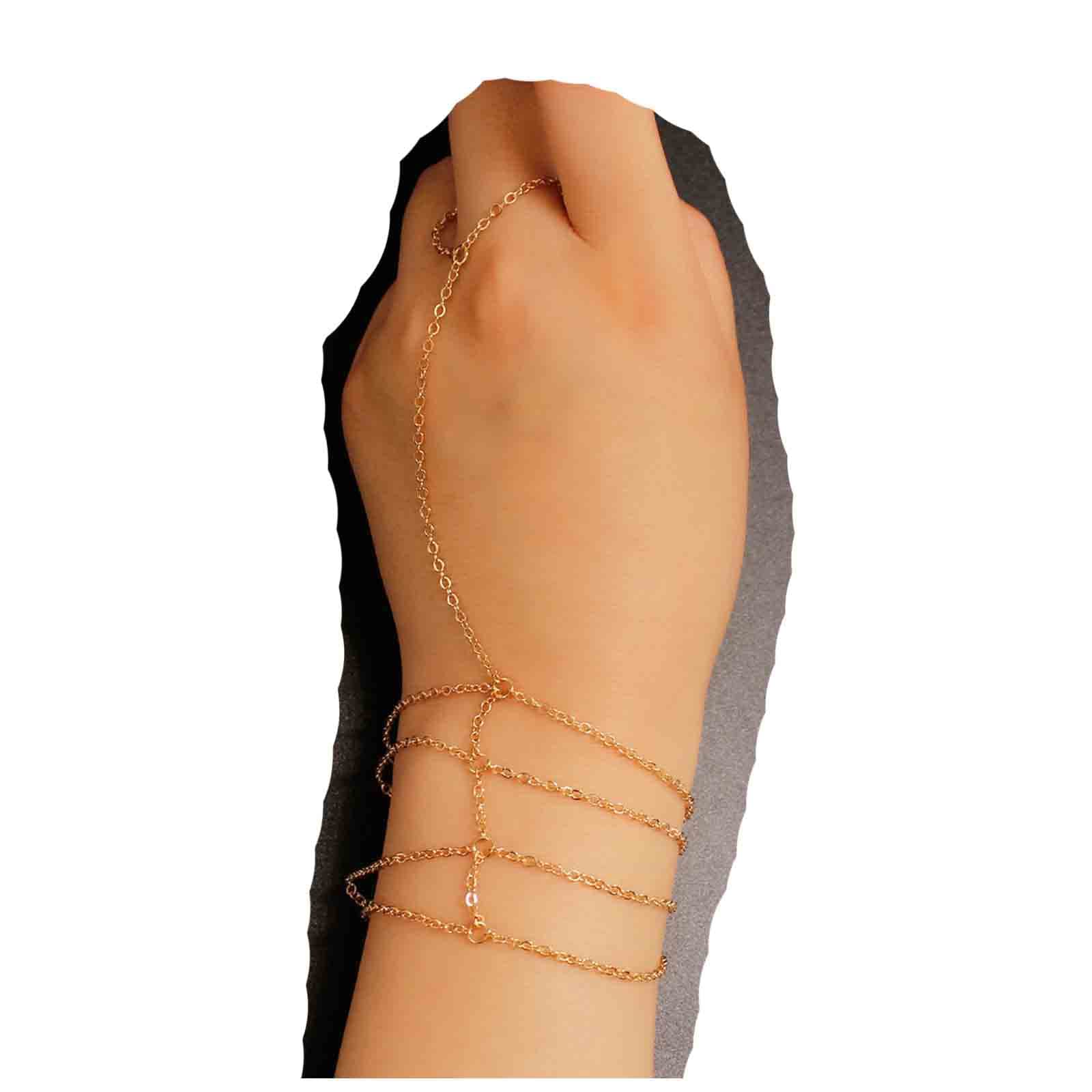 YheakneBoho Finger Bracelet Gold Layered Tassel Chain Bracelet Ring Wrist Bracelet Vintage Hand Harness Chain Bracelet Jewelry for Women and Girls