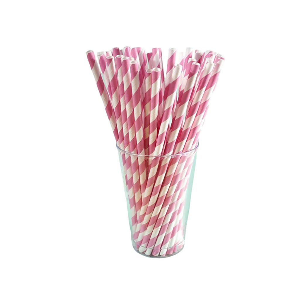 Pajitas desechables de papel a rayas ecológicas, biodegradables, 100 unidades, para cócteles, zumo, café, bares, restaurantes (rosa)