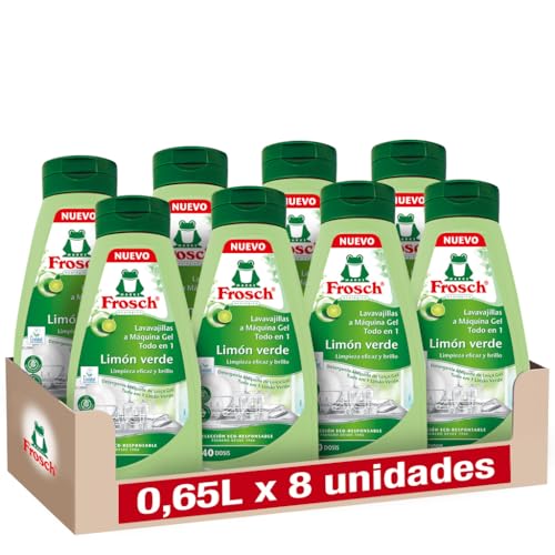 Frosch - Gel Lavavajillas a Máquina, Todo en 1 con Limón Verde, Limpieza y Brillo, Sin Microplásticos Ni Componente Animal, 40 Dosis - Pack de 8 x 650 ml