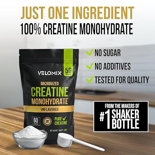 Image of VELOMIX Micronized Creatine Monohydrate Powder - 100% Pure Creatine Powder Unflavored and Easy to Mix | Supports Muscle Growth, Recovery, and Strength | 5000mg Per Serv (5g) - 60 Servings