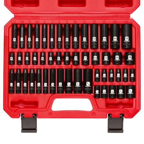 MIXPOWER 50 Pieces 1/4" Dr. Impact Socket Set, CR-V, 6 Point, SAE/Metric, 5/32 Inch - 9/16 Inch, 4mm - 15mm, Shallow/Deep