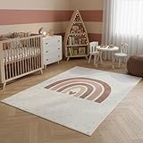 SIMPEX Kinderteppich Regenbogen Spielteppich für Kinderzimmer in Creme mit Herz Motiv Größe 80x150 cm kleine Spielbereiche detailreiches Motiv