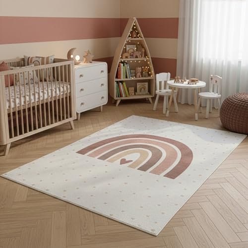 SIMPEX Kinderteppich Regenbogen Spielteppich für Kinderzimmer in Creme mit Herz Motiv Größe 80x150 cm kleine Spielbereiche detailreiches Motiv