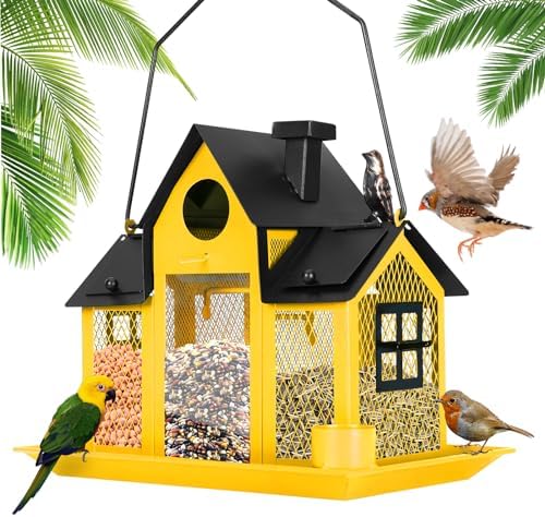 Solar Bird Feeders House for Outside Hanging, Metal Wild Bird Feeder for Outdoors Large Capacity Cardinal Birdfeeder Birdhouses Metal Bird Feeding Station Yellow