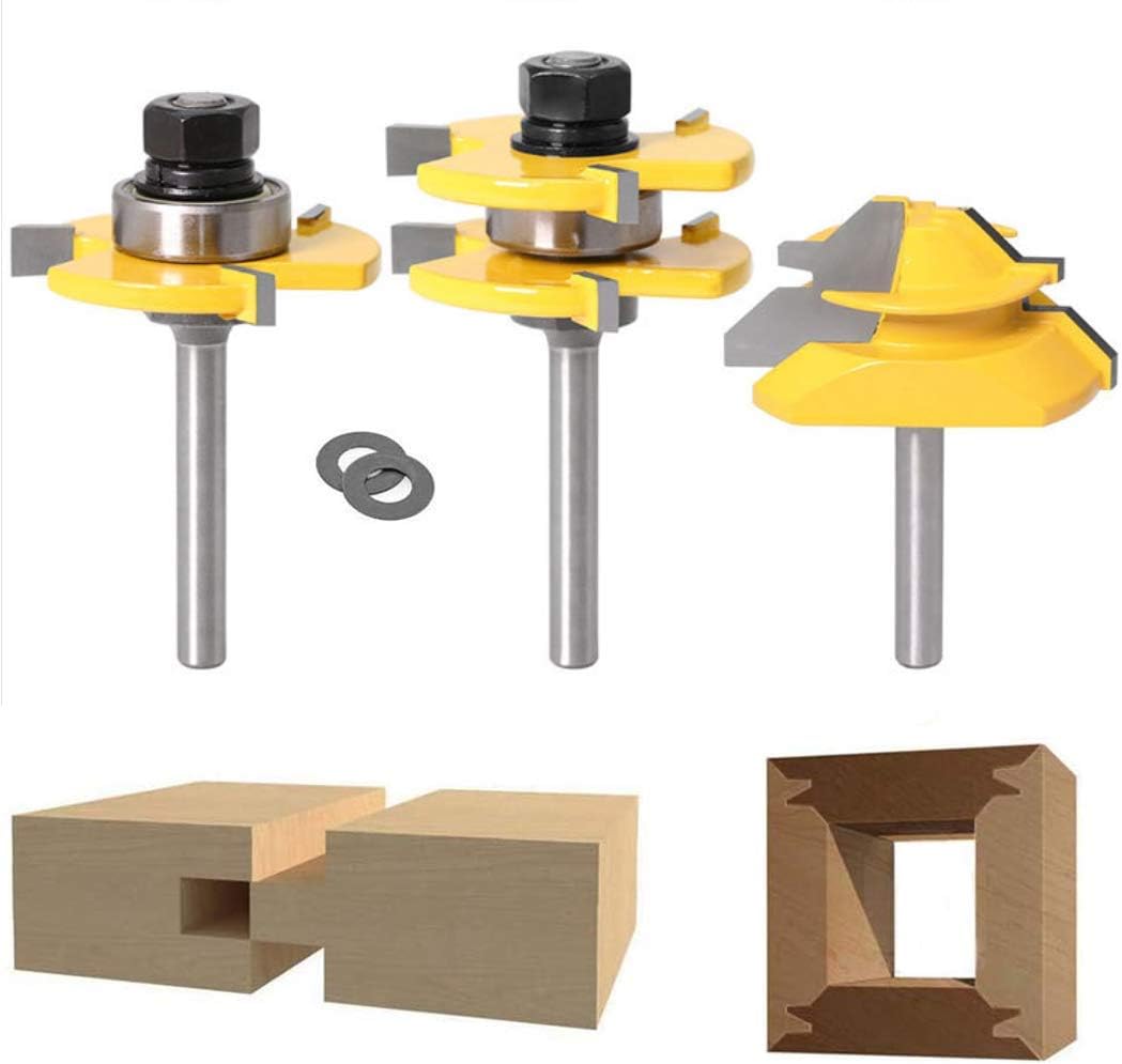APlus Lock Miter 45 Degree Joint Router Bits + 2Pcs Tongue and Groove Set [1/4-Inch Shank], 45° Lock Mitre Glue Joint Router Bit + Router Bit Set 3 Teeth T Shape, Wood Milling Cutter Woodworking Tool