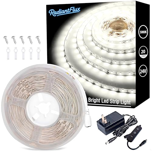 Image of RadiantFlux Dimmable & Flexible 20Ft LED Strip Lights, 5000K Cool White, Bright Lighting Ideal for Living Room, Office & Under Cabinet