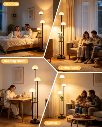 Image of 3 Light Mushroom Floor Lamp with Shelf, Dimmable Black Floor Lamp with Bulbs Included, 3000K Warm White Modern Standing Tall Floor Lamp for Living Room Bedroom Reading Sofa Beside Corner Decor
