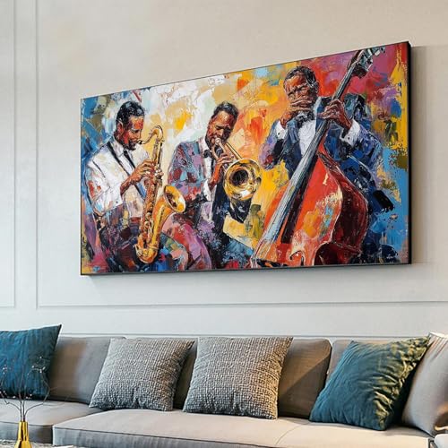 Jazz Canvas Wall Art, Abstract Jazz Colorful Music Painting Print, African American Jazz Wall Decor Picture, Music Wall Art, Jazz Band Poster, Music Lovers Gift (Black Framed, 23x13in|60x35cm)