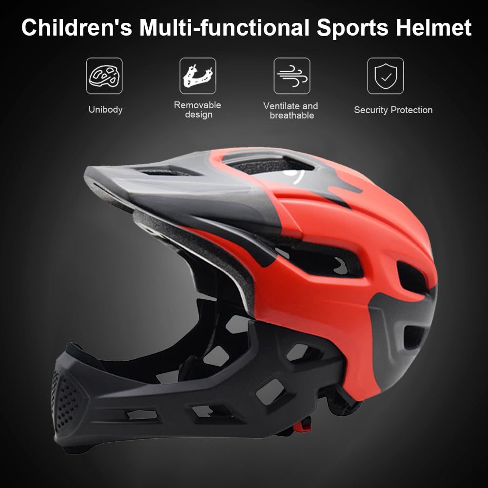 Casco Integral para niños y jóvenes, Casco con Protector de Barbilla Desmontable, Casco de Descenso, tamaño de la Circunferencia de la Cabeza: 50–56 cm, Rojo, para Ciclismo, Bicicleta de
