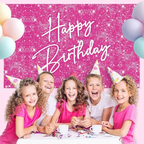 Image of Glitter Happy Birthday Backdrop Banner, Pink Birthdays Banner Backdrop, Happy Birthday Party Decoration Yard Sign Background for Girl Women Birthdays Party Indoor Outdoor Decorations
