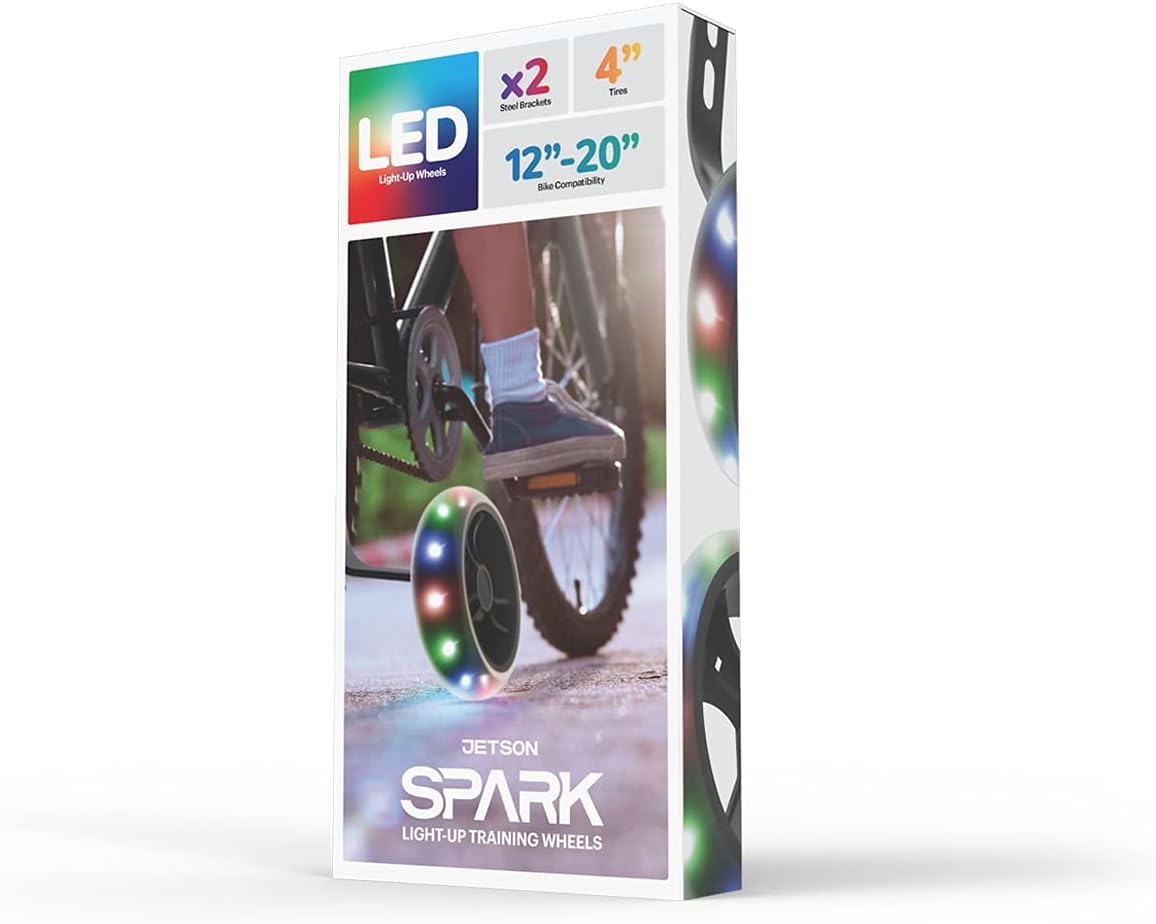 Jetson Spark Light-Up Training Wheel Accessory, Includes Motion Activated Light-Up Wheels, 4 Inch Wheels, Fits Most Bike Wheels From 12” to 20”, Steel Brackets, Ages 3+, Black, JSPARK-BLK : Sports & Outdoors