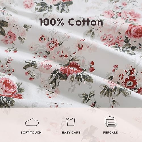 Image of Laura Ashley - Queen Size Sheet Set, Crisp & Lightweight Cotton Percale Bedding with Fitted Sheet and Pillowcases, Floral Room Decor, Deep Pocket, College Dorm Room Essentials (Ashfield Pink)