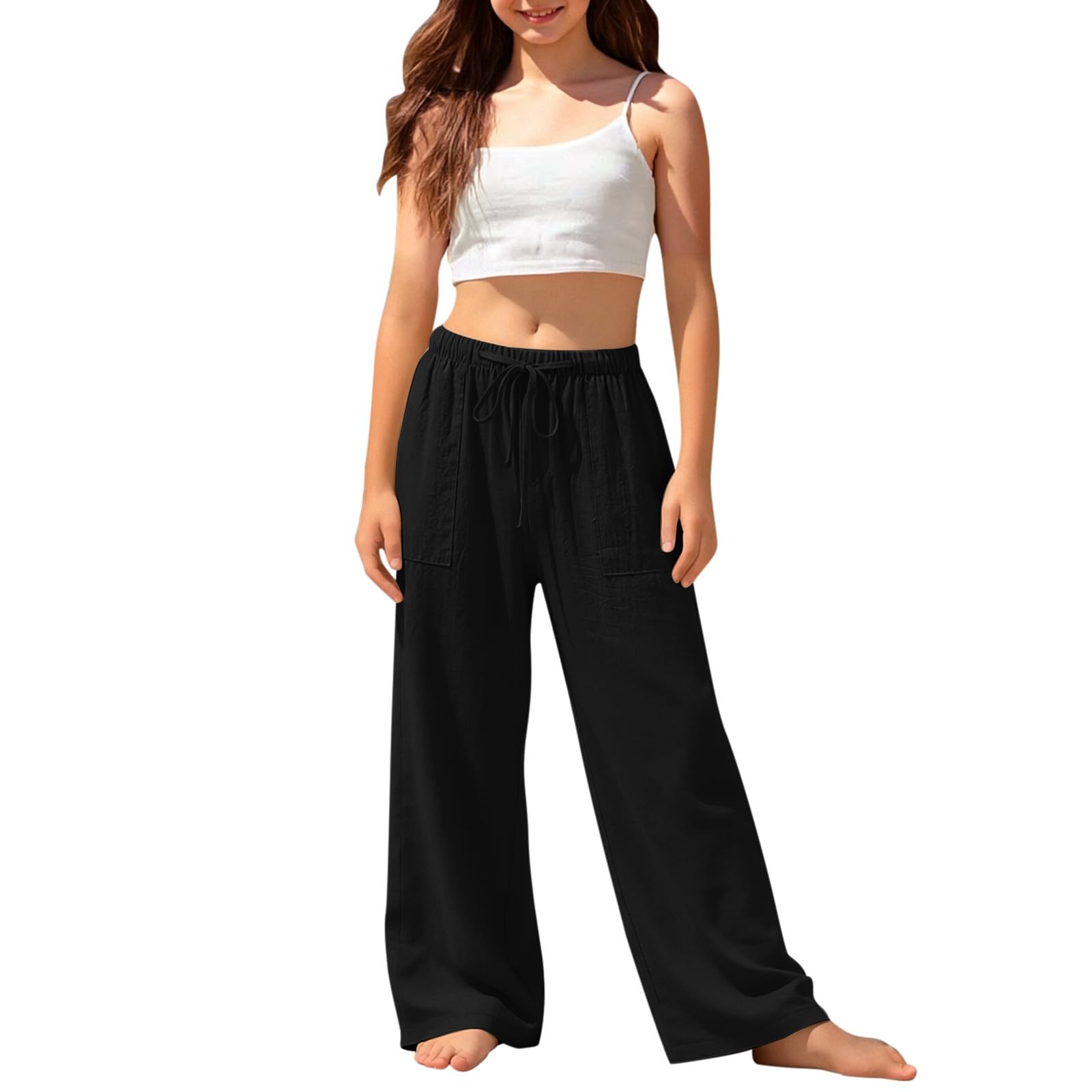 Générique Pantalon long en coton et lin à jambes larges pour filles - Pantalon long ample et fluide - Taille élastique - Avec poches - Tendance - Pour la plage - Décontracté