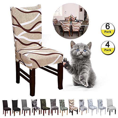 JunYito Fundas para Sillas de Comedor Fundas Decorativas para Sillas Altas Fundas Licra Protectoras Elasticas 4/6 Piezas (A-Líneas marrón/Blancas, 6 Piezas)