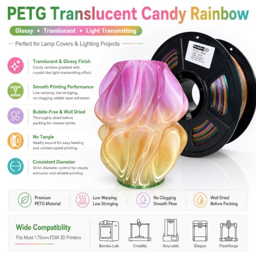 Image of PETG Translucent Candy Rainbow Filament 1.75mm, Glossy Multicolor Gradient 3D Printer Filament for Lamp Covers and Lampshades, Bubble-Free, Low Warping, Low Stringing, No Tangle,1kg