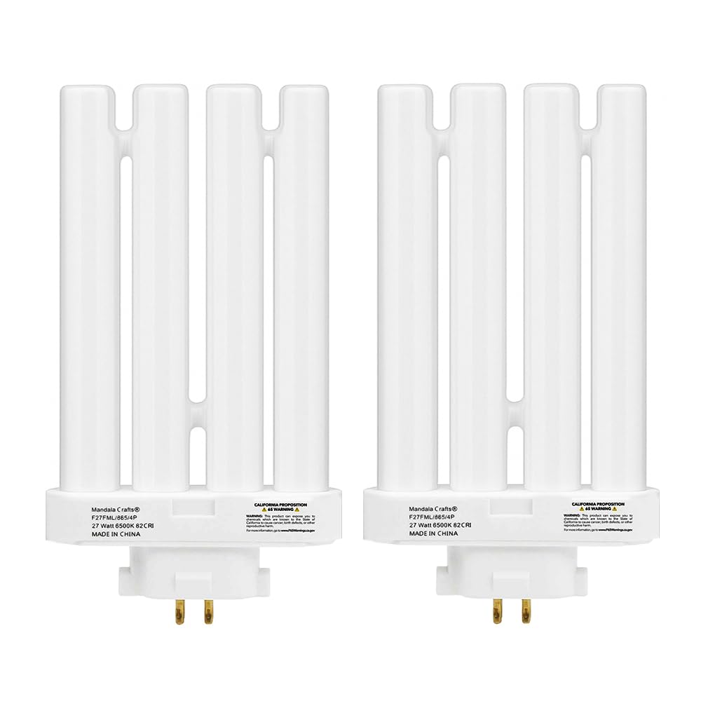 Mandala Crafts FML27 27-Watt 6500K Compact Fluorescent Light Bulbs with Quad Tubes, 2 Packs Daylight 4-Pin GX10q-4 Base FML FML Lamp 27 Watt Bulbs