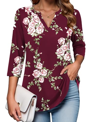 Zeagoo Tunic Shirts for Women 3/4 Sleeve Tops Floral V Neck Blouses Dressy Casual Tops for Grandma Red L