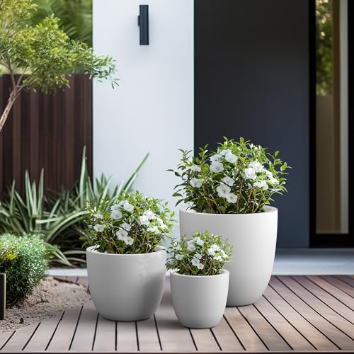Image of Kante 18 inch,14 inch,10 inch Dia Concrete Round Planters (Set of 3), Outdoor Indoor Large Planter Pots with Drainage Hole for Home Patio Garden, Pure White