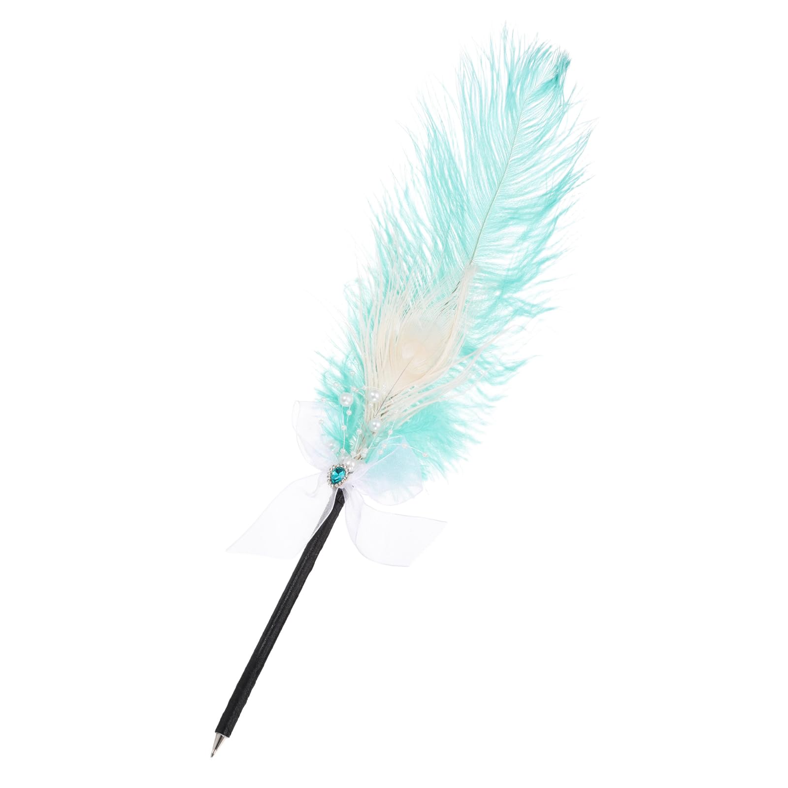 PATIKIL Feather Pen, Ostrich Vintage Feather Quill Pen 1mm Black Ink Signature Ballpoint Pens Fluffy Pearl Ribbon Design for Wedding Bridal Party Signing Writing, Water Blue