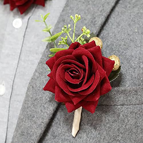 Campsis Wedding Rose Men\'s Boutonniere Wine Red Flowers Buttonholes Floral Suit Decoration for Groom Groomsman Best Man Prom Engagement （Pack of 2） - Thumbnail 2
