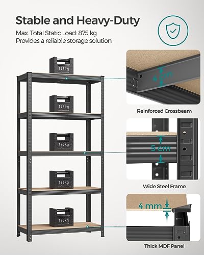 Songmics GLR040G02 Set of 2 Heavy Duty Shelving Units, Steel Shelving Unit, 5 Shelves, Screwless for Garage, Warehouse, Utility Room, Load Capacity 875 kg, 40 x 90 x 180 cm, Dove Grey - Image 5