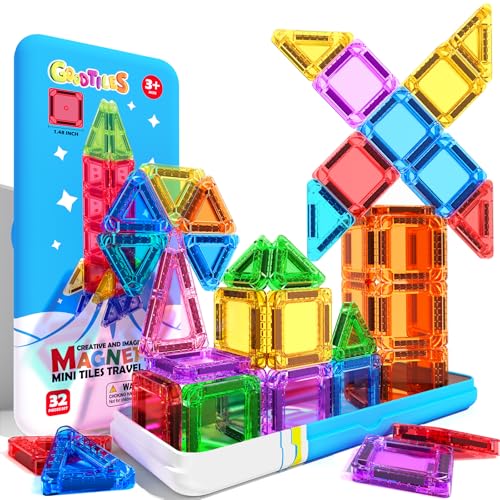 Goodtiles Mini Magnetic Tiles, Magnetic Travel Toys with Portable Tin, STEM Preschool Toddlers Toys for Kids Ages 3-5 4-8, Ideal Birthday&Christmas Gifts for 3+ Years Old Boys and Girls
