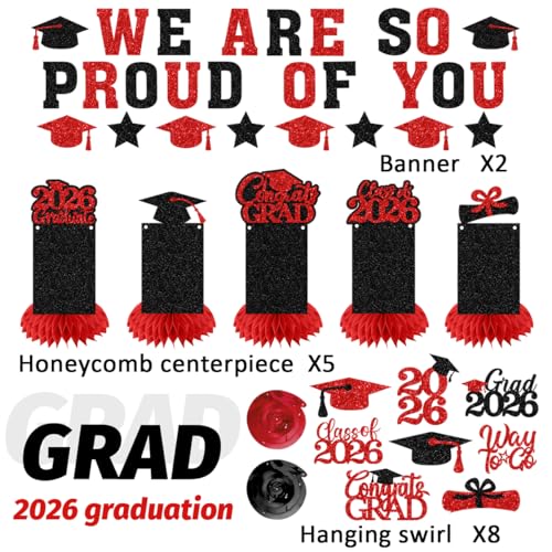 Image of Graduation Decorations 2026 - Red Congrats Grad Party Supplies Include Glitter We are So Proud of You Banner, Hanging Swirls and Honeycomb Centerpieces for Photo Toppers