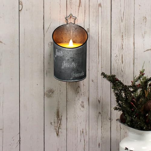 Image of CVHOMEDECO. Vintage Galvanized Can Flameless LED Candle, Real Wax in Antique Galvanized Jar FFF Flickering Candle with Remote Control for Tabletop Wall Decor. H 8 Inch, Gray