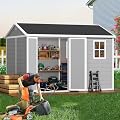 Pipleo 8x10 FT Outdoor Storage Resin Shed with Floor, All-Weather Plastic Garden Shed with Lockable Door & Windows, Waterproof Tool Shed for Backyard, Patio, Lawn, Tools Storage - Light Gray