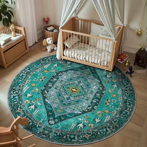 SERISSA Boho Round Area Rug, 4ft Washable Non-Slip Circle Rug, Ultra Soft Oriental Vintage Teal Low-Pile Small Circular Carpet for Bedroom Entryway Kids Room Office College Dorm Living Room