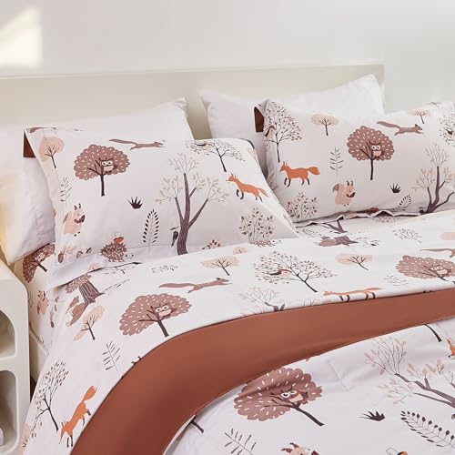 Image of Yibeizi Kids Comforter Set for Boys Girls Full Size, Cute Quilted Woodland Forest Animal Print Fall Bedding with Pillow Sham, Lightweight Soft Breathable Machine Camping Themed Bed Set 3 Piece