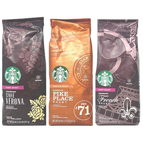 Starbucks Ground Coffee Variety Pack of 3 Bags - Pike Place, Cafe Verona, and French Roast - 60 oz Total - 20 Per Bag - Bulk Starbucks Coffee