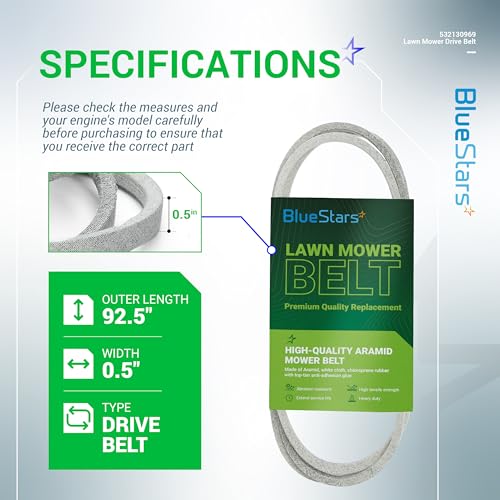 Image of BlueStars 532130969 130969 Deck Drive Belt - for Craftsman Husqvarna Poulan AYP Ariens 21546080 John Deere LA135 L100 LA130 X300 LA105 L130 D130 | Aramid Cord | 1 /2 inch x 92.5 inch | Deck Drive Belt - for Craftsman Husqvarna Poulan AYP Ariens 21546080 John Deere LA135 L100 LA130 X300 LA105 L130 D130