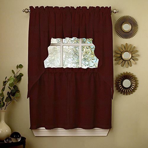 Image of Sweet Home Collection 5 Pc Kitchen Curtain Valance Swag Choice of 24 inch Pair, 36 inch Tier Set, Ribcord Wine