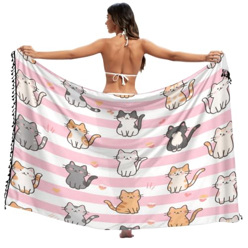 Bañador de rayas rosas y blancas con estampado de gato animado para niña