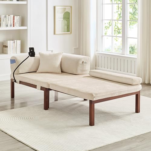 Worletty Sofá cama, cama de día extensible, sofá cama, cama plegable de madera maciza, multifunctional Single Pull-Out Bed - Beige