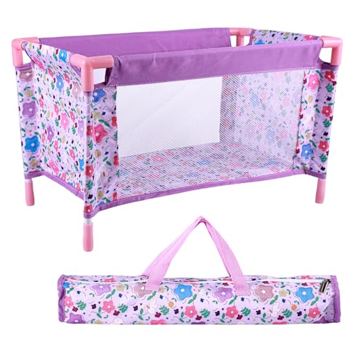 BABESIDE Reborn Baby Doll Crib, Baby Doll Bed, Foldable Doll Playpen Toy for 17-21 Inch Dolls, Reborn Baby Doll Accessories with Storage Bag, Doll Pack n Play Kids (Purple)