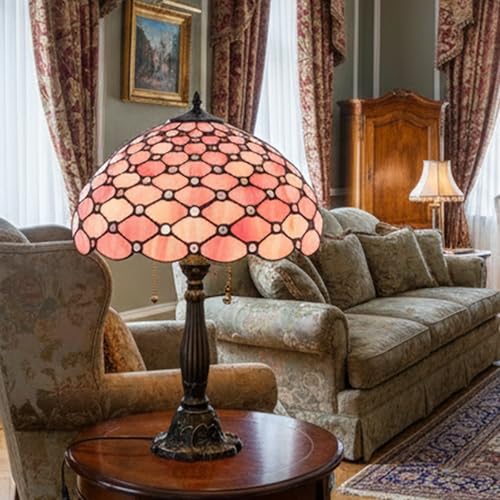 Image of Tiffany Table Lamp Stained Glass Bedside Lamp Pink Desk Reading Light 24 inch