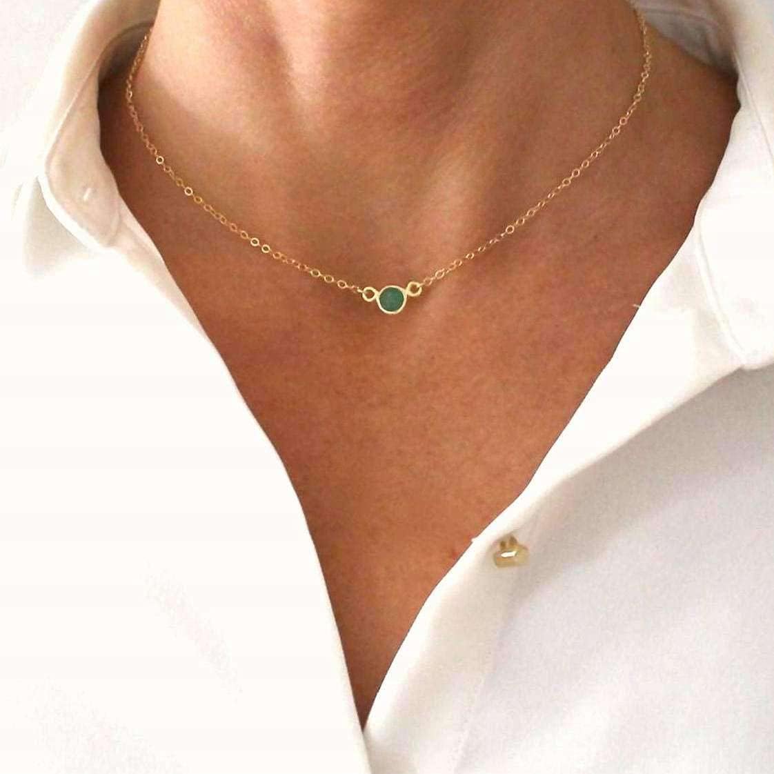 14k Gold Round Solitaire Diamond Choker Pendant Gemstone Necklace for Women Girls, Birthstone Necklace, Fine Jewelry Gift for Birthday Mother’s Day Christmas Wedding