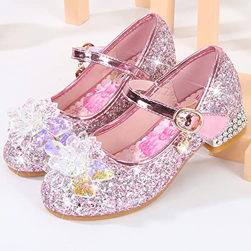 YOGLY Mädchen Hohe Absätze ELSA Prinzessin Schuhe Cosplay Eiskönigin Weihnachten Karneval Geburtstag Neujahr Kostüm Zubehör Weich Blau Rosa Silber Pailletten Kristall-Schuhe für Kinder Halloween Party