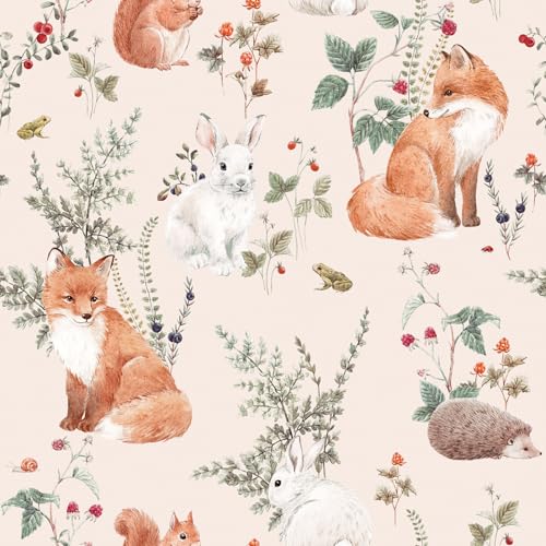 Decotalk Papel Pintado Pared Dormitorio Infantil Animales 44.5X900cm Papel Pintado Pared Rosa Niño Mural Conejo Zorro Erizo Vinilo Adhesivo Muebles Infantil Vinilos para Puertas Armario Impermeable