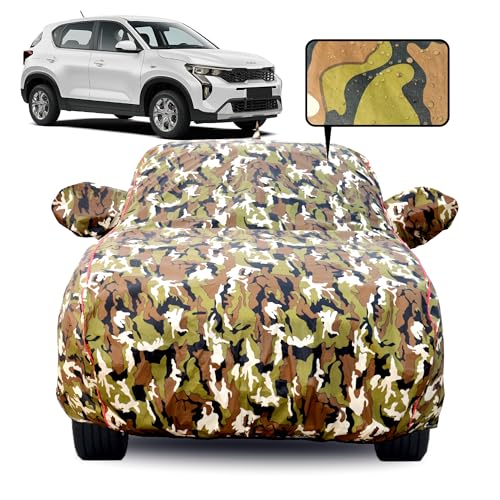 Image of Waterproof Car Body Cover for Kia Carnival with Mirror Pocket, Soft Cotton Lining, Triple Stitched, Full Bottom Elastic (Heat Resistant Jungle Print with Red Piping)