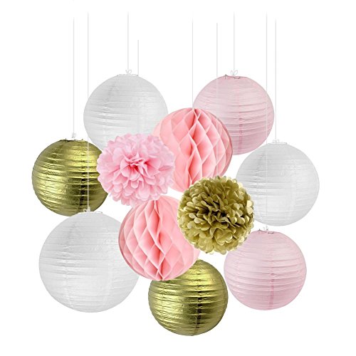 SUNBEAUTY Decoration Bapteme Fille Rose Or Kit Boule Alveole Lanterne Papier Blanc Pompon Fleur Mariage Anniversaire Baby Shower Chambre Deco 11pcs