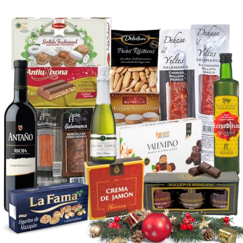FAMILYCOM. Cesta de Navidad para regalar. Lote Gourmet con Ibéricos de regalo. Empresa y Particular. Surtido de Turrón, Mantecados, Vino, Embutidos, Bombones, Aceite De Oliva Virgen.