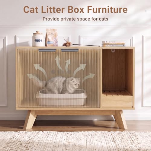 Image of Seang Cat Litter Box Enclosure with Litter Collector,Fluted Hidden Litter Box Furniture with Scratch Pad,31 inch Wooden Cat Cabinet,Cat House,TV Stand,Side Table for Living Room,Natural