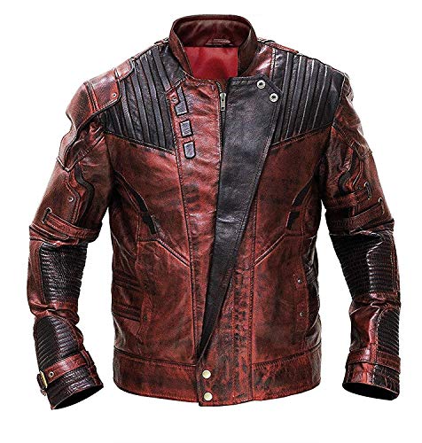 SpazeUp Distressed Red Maroon Leather Jacket Men - Star Superhero Cosplay Costume Jacket Pants