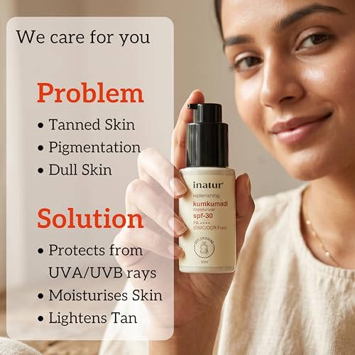 Image of inatur Kumkumadi Sunscreen SPF 30 PA++++ | Ayurvedic Moisturizer & Sunscreen | Broad Spectrum UV Protection | Lightweight, No White Cast | Fades Pigmentation | For Men & Women | All Skin Types | 50ml