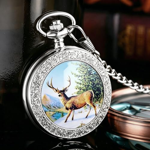 Image of Deer Pocket Watch for Men Pocket Watches with Chain Gift for Father's Day | Vintage Deer Case Pocket Watch Mens Quartz Watches with Chains Christmas Graduation Birthday Gifts Fathers Day